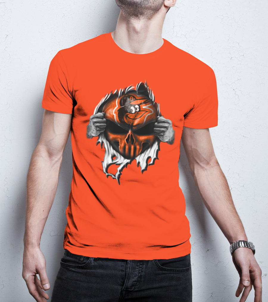 Baltimore Orioles Skull Logo Halloween Rip Effect T-Shirt