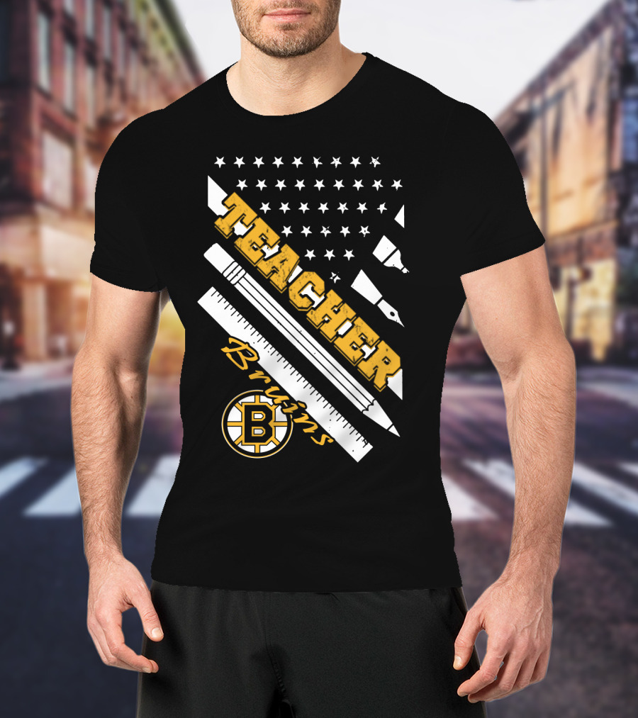 Boston Bruins Teacher American Flag Ruler Pencil Pen Stars T-Shirt