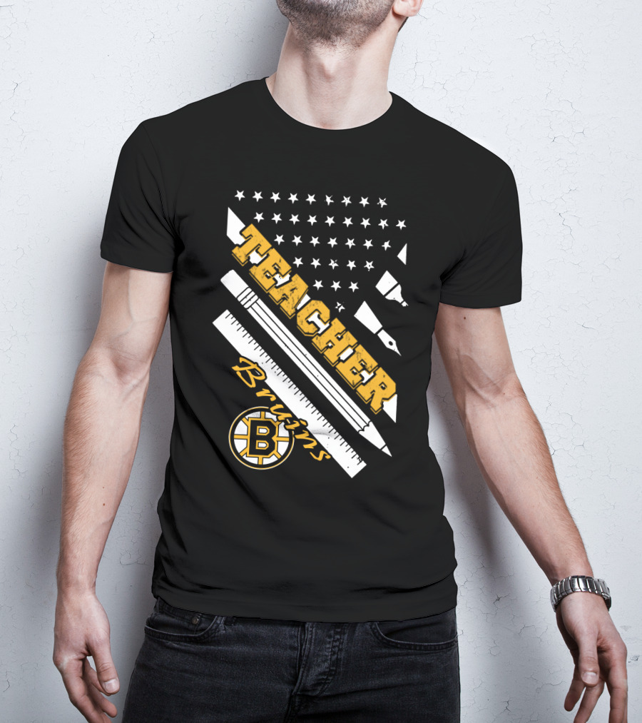 Boston Bruins Teacher American Flag Ruler Pencil Pen Stars T-Shirt