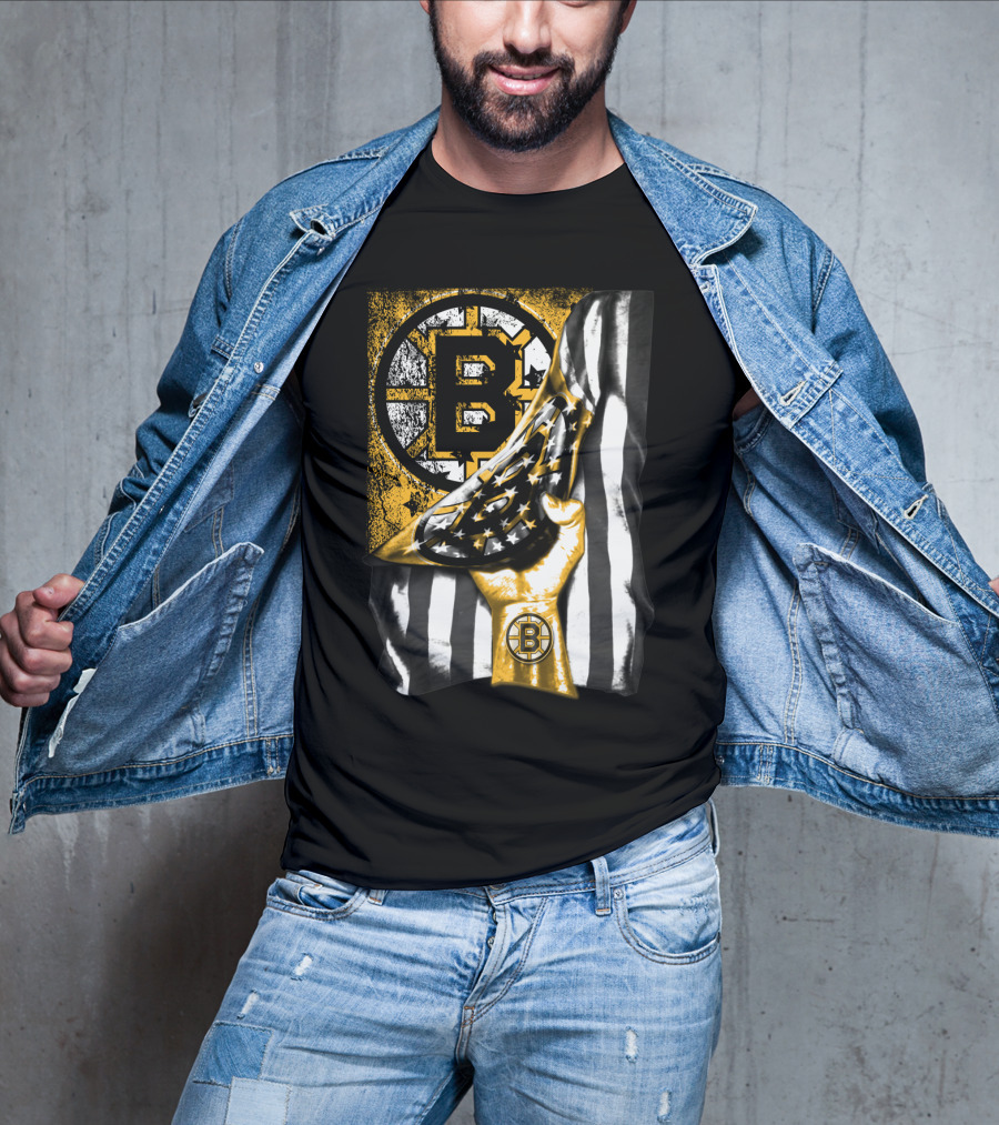 Boston Bruins American Flag Hand Emblem Black And Gold Burst T-Shirt