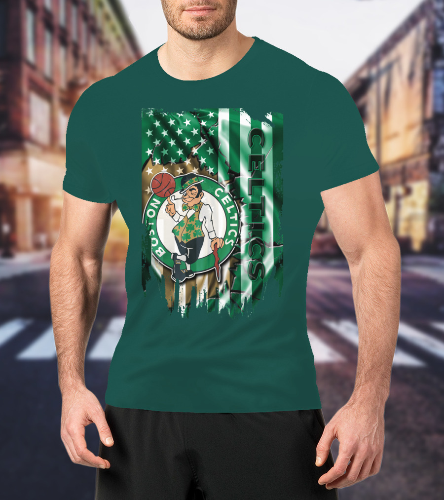 Boston Celtics Shamrock Leprechaun American Flag Basketball T-Shirt
