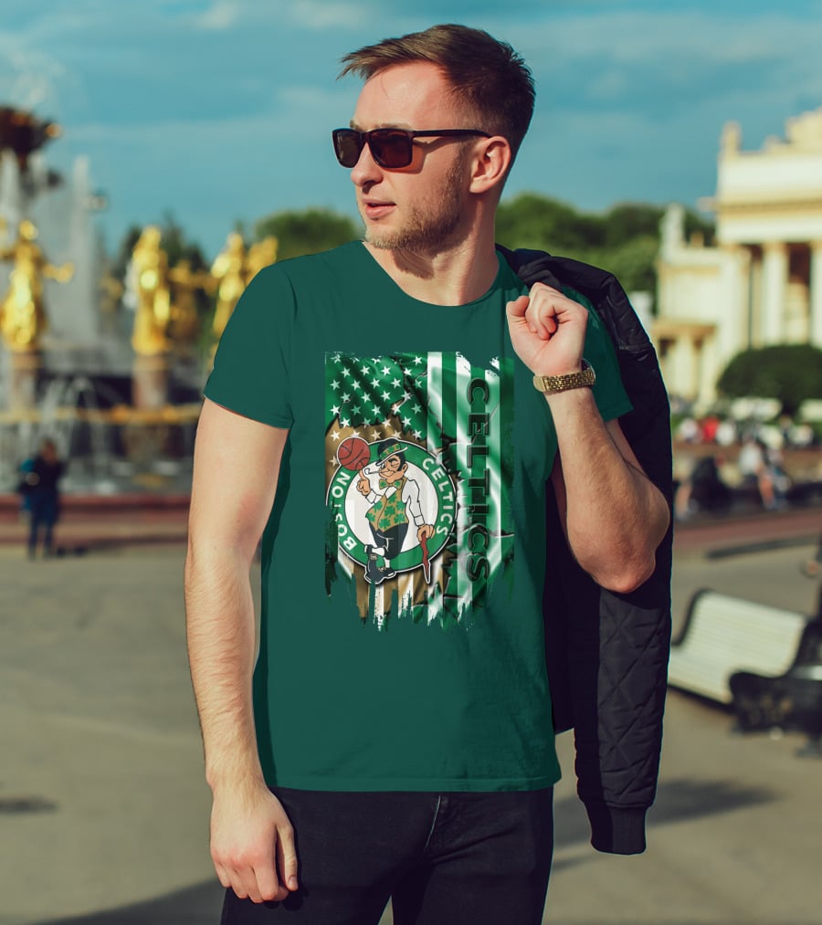 Boston Celtics Shamrock Leprechaun American Flag Basketball T-Shirt