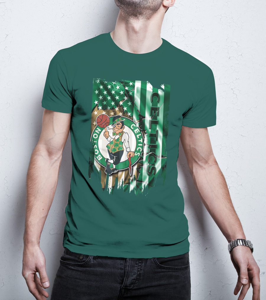 Boston Celtics Shamrock Leprechaun American Flag Basketball T-Shirt