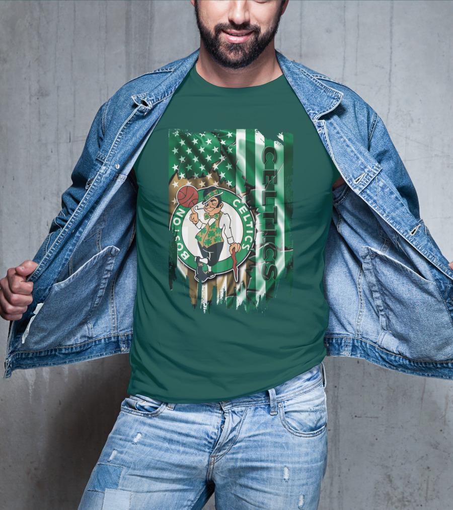 Boston Celtics Shamrock Leprechaun American Flag Basketball T-Shirt