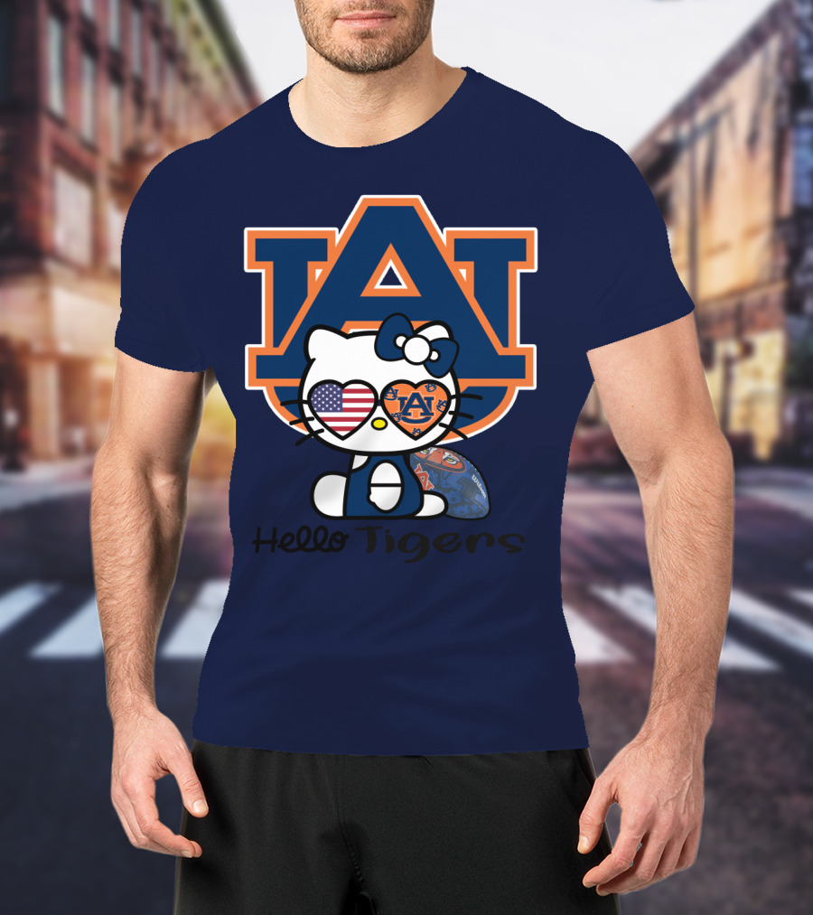 Hello Tigers Auburn Kitty Football American Flag T-Shirt