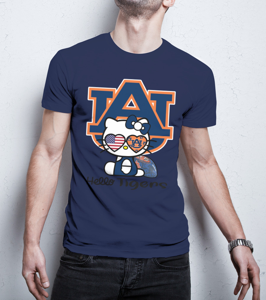 Hello Tigers Auburn Kitty Football American Flag T-Shirt