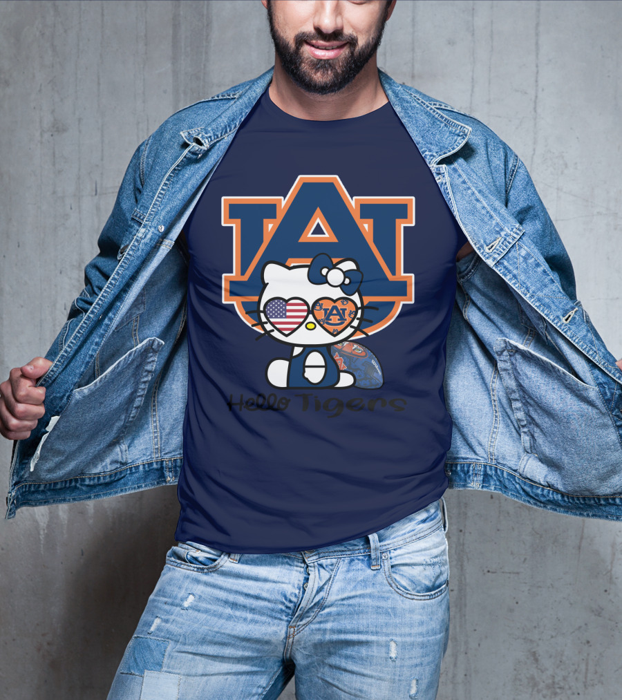 Hello Tigers Auburn Kitty Football American Flag T-Shirt