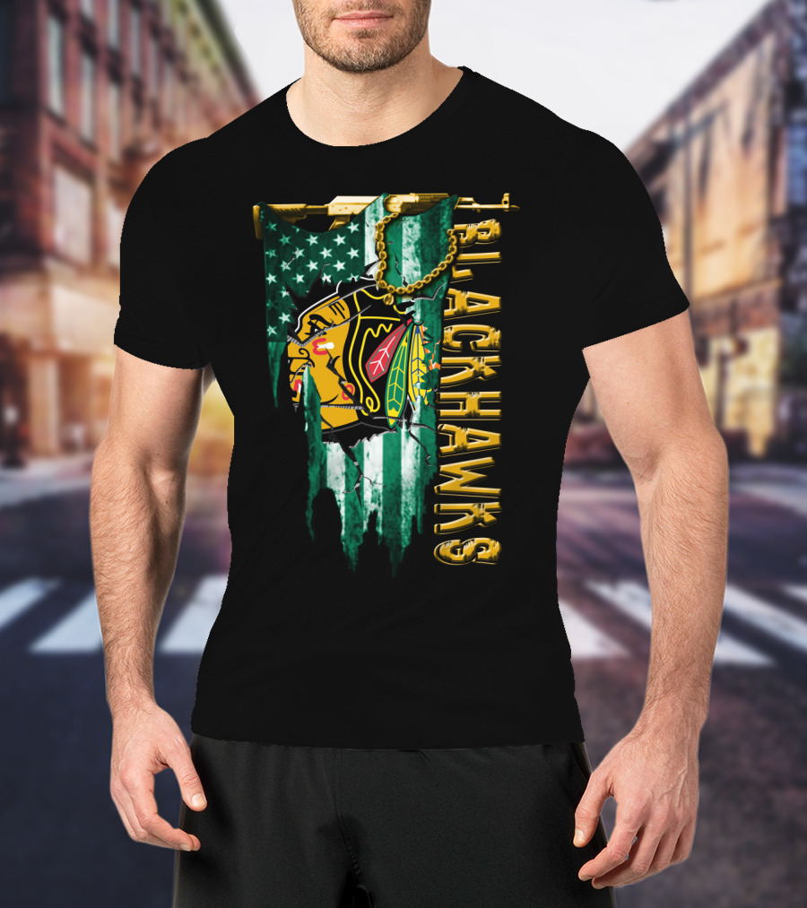 Blackhawks American Flag Style Tee T-Shirt