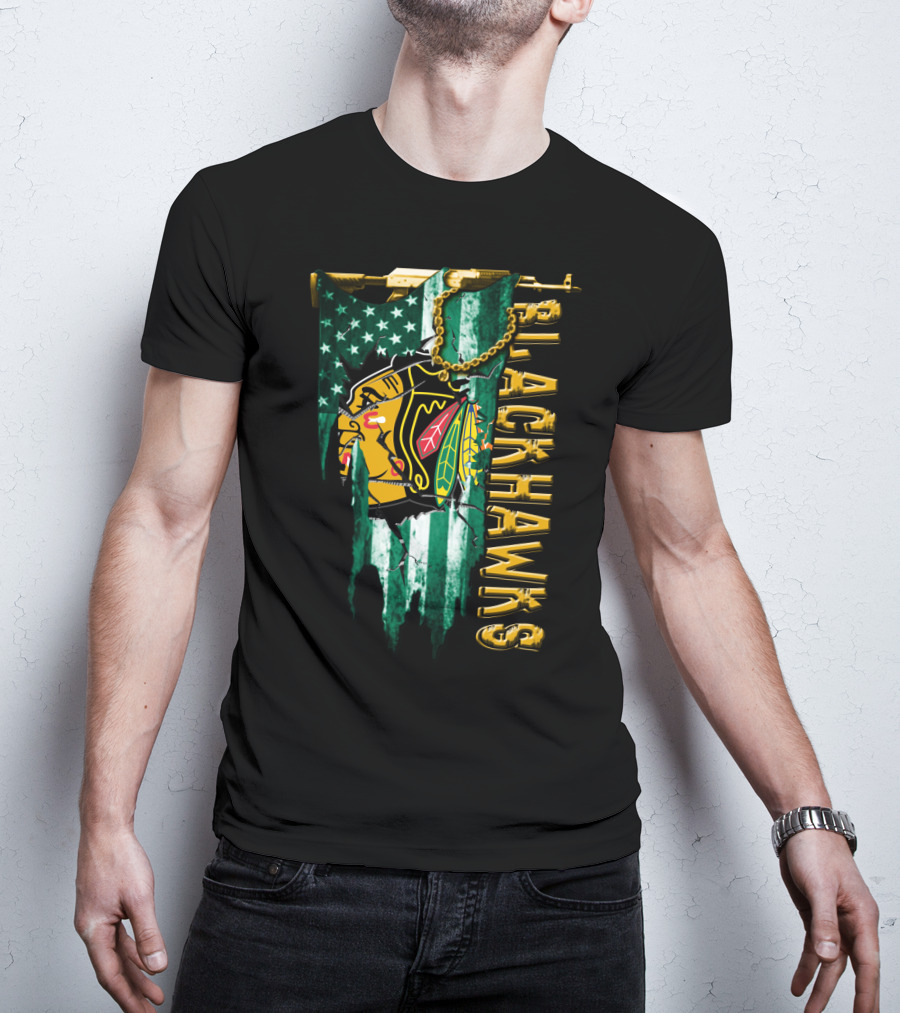 Blackhawks American Flag Style Tee T-Shirt