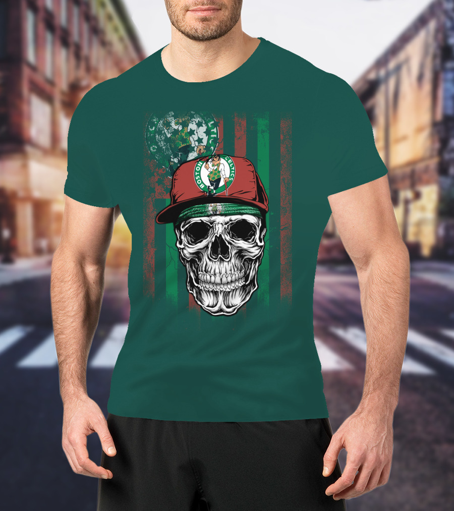 Boston Celtics Skull With Cap And Stripes T-Shirt