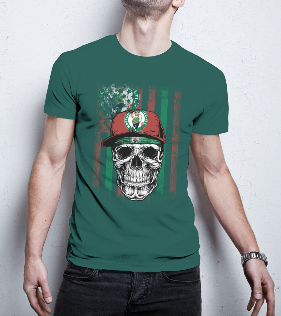 Boston Celtics Skull With Cap And Stripes T-Shirt