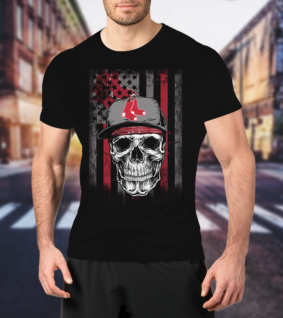 Boston Red Sox Skull With Cap And Stars And Stripes T-Shirt
