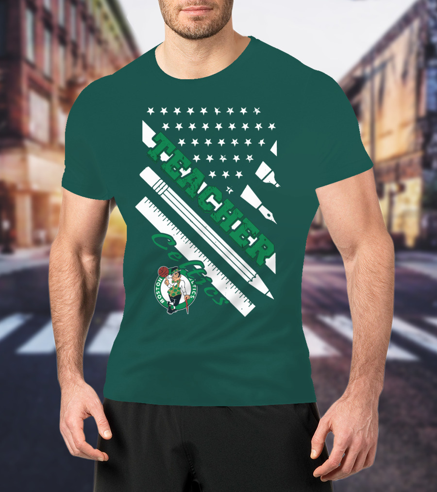 Boston Celtics Teacher Stars And Stripes Pencil Ruler T-Shirt