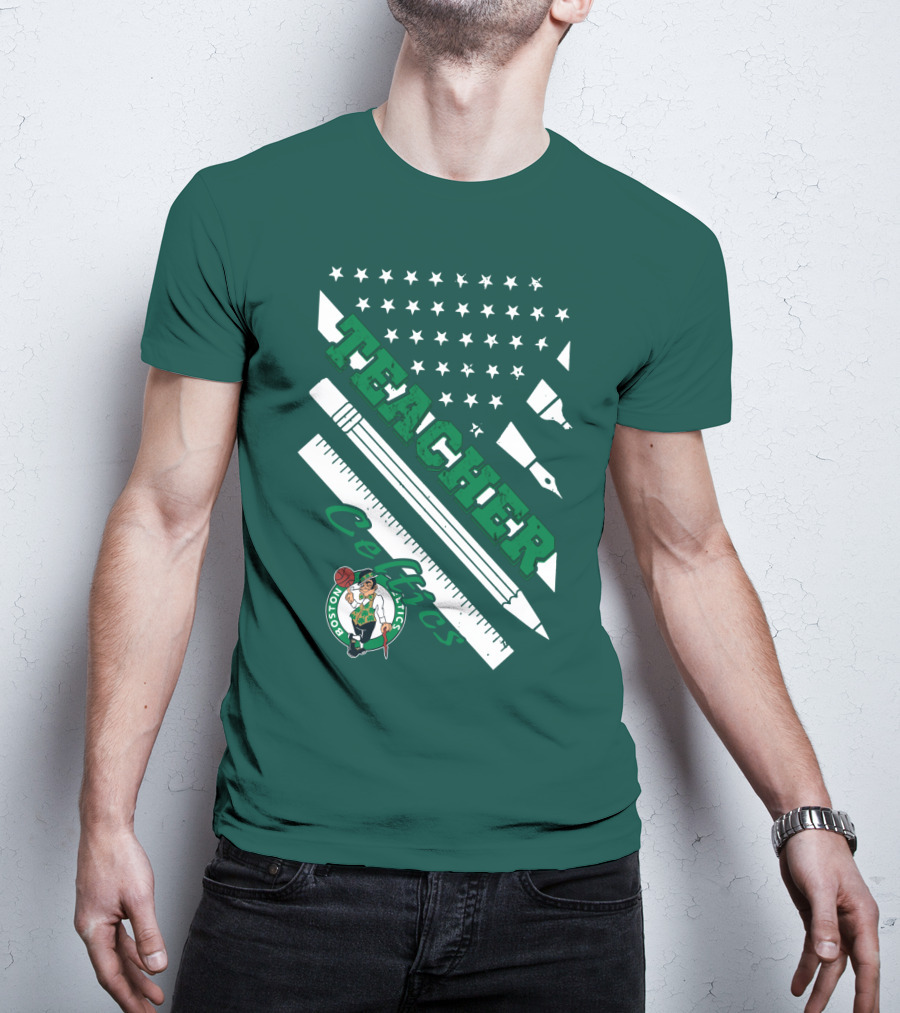 Boston Celtics Teacher Stars And Stripes Pencil Ruler T-Shirt
