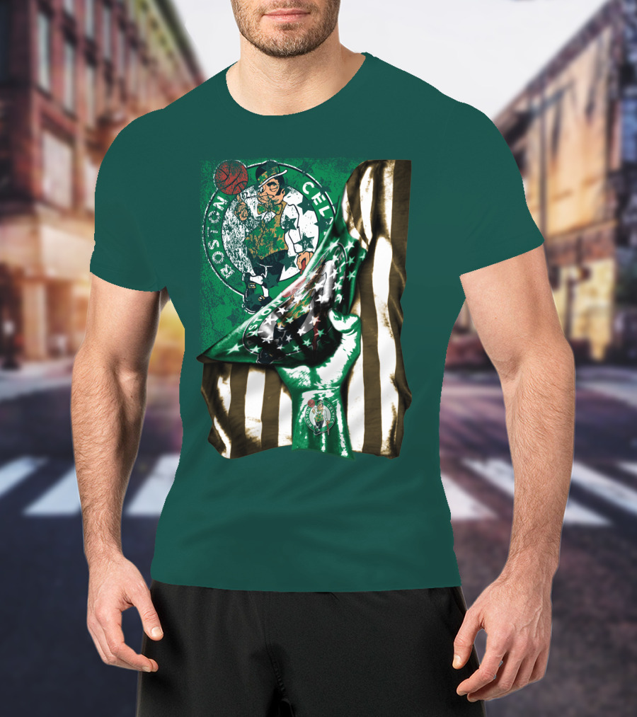Boston Celtics Hand Lifting Flag With Lucky The Leprechaun And Basketball T-Shirt