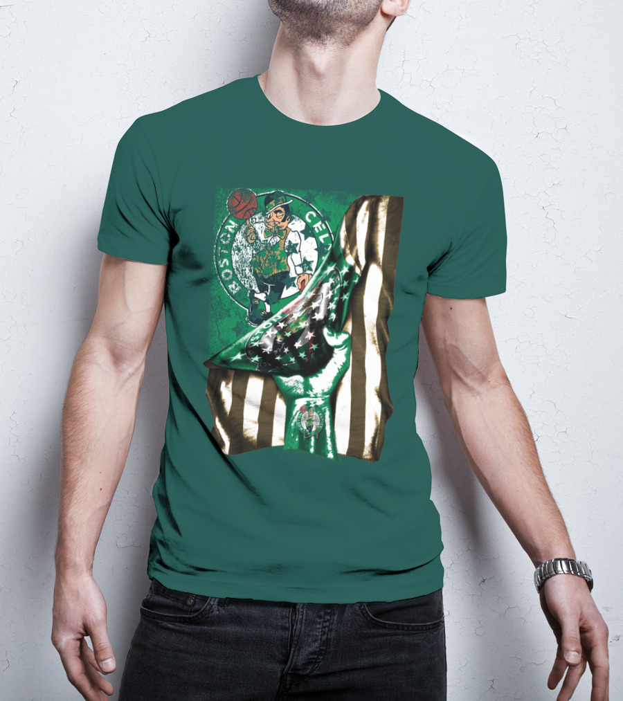 Boston Celtics Hand Lifting Flag With Lucky The Leprechaun And Basketball T-Shirt