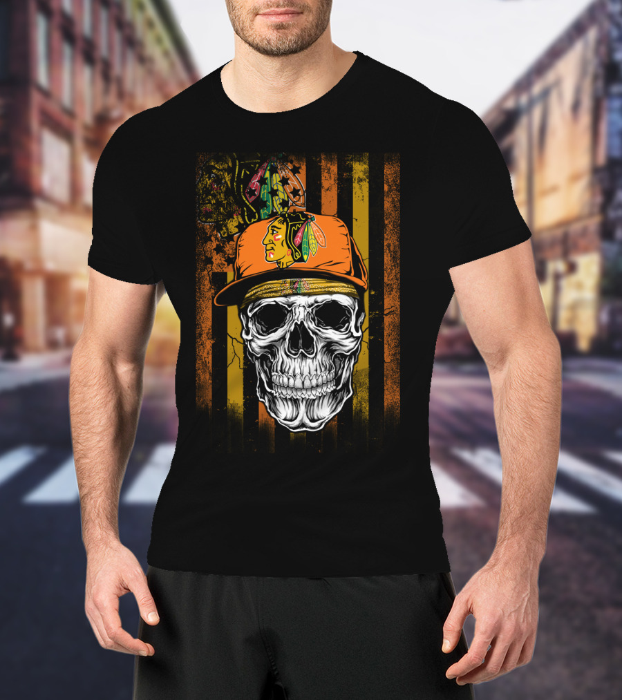 Chicago Blackhawks Skull With Hat And Feathered T-Shirt