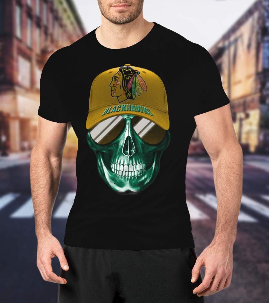 Chicago Blackhawks Skull With Iconic Logo And Cap T-Shirt