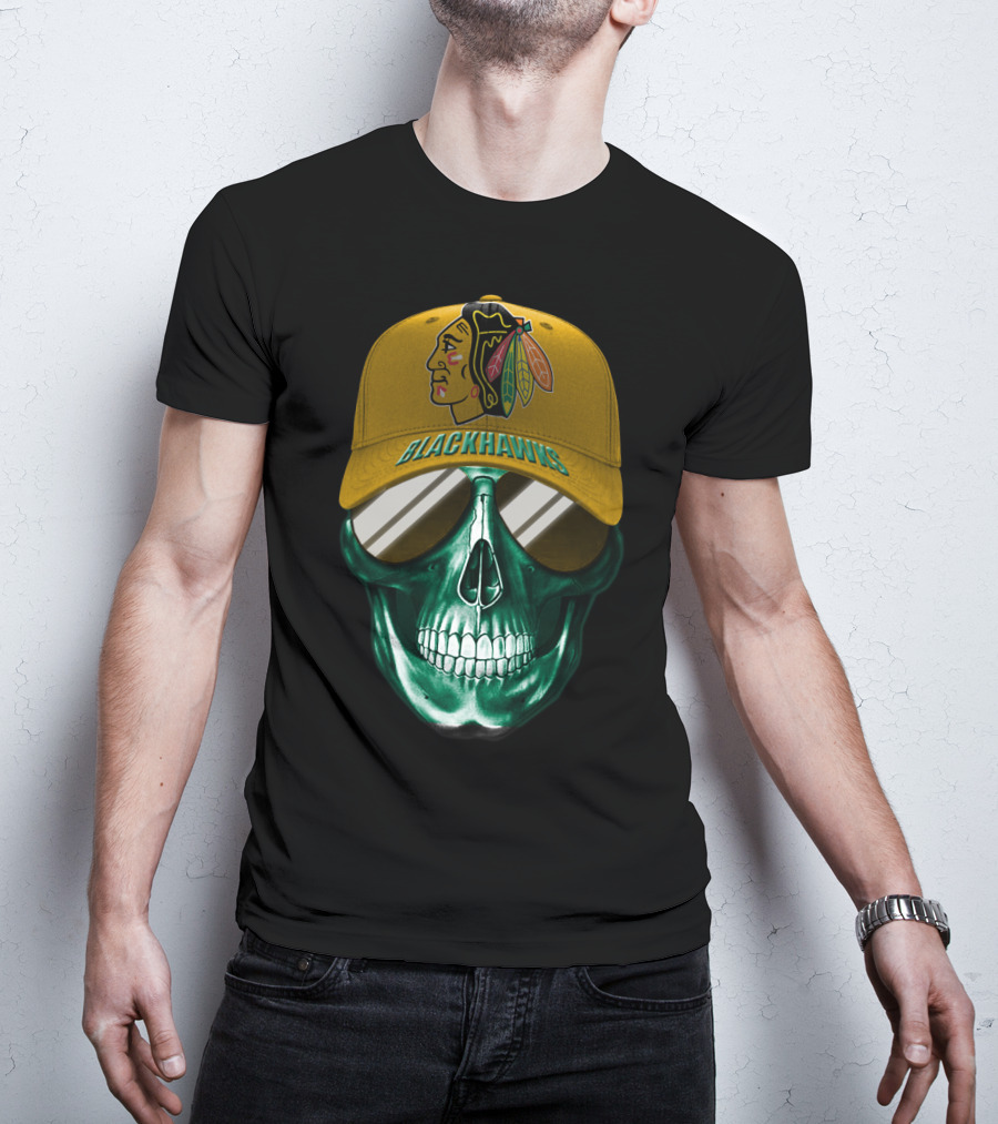 Chicago Blackhawks Skull With Iconic Logo And Cap T-Shirt