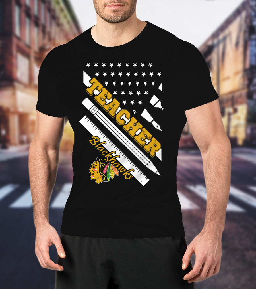 Blackhawks Teacher Usa Flag Pencil Ruler T-Shirt
