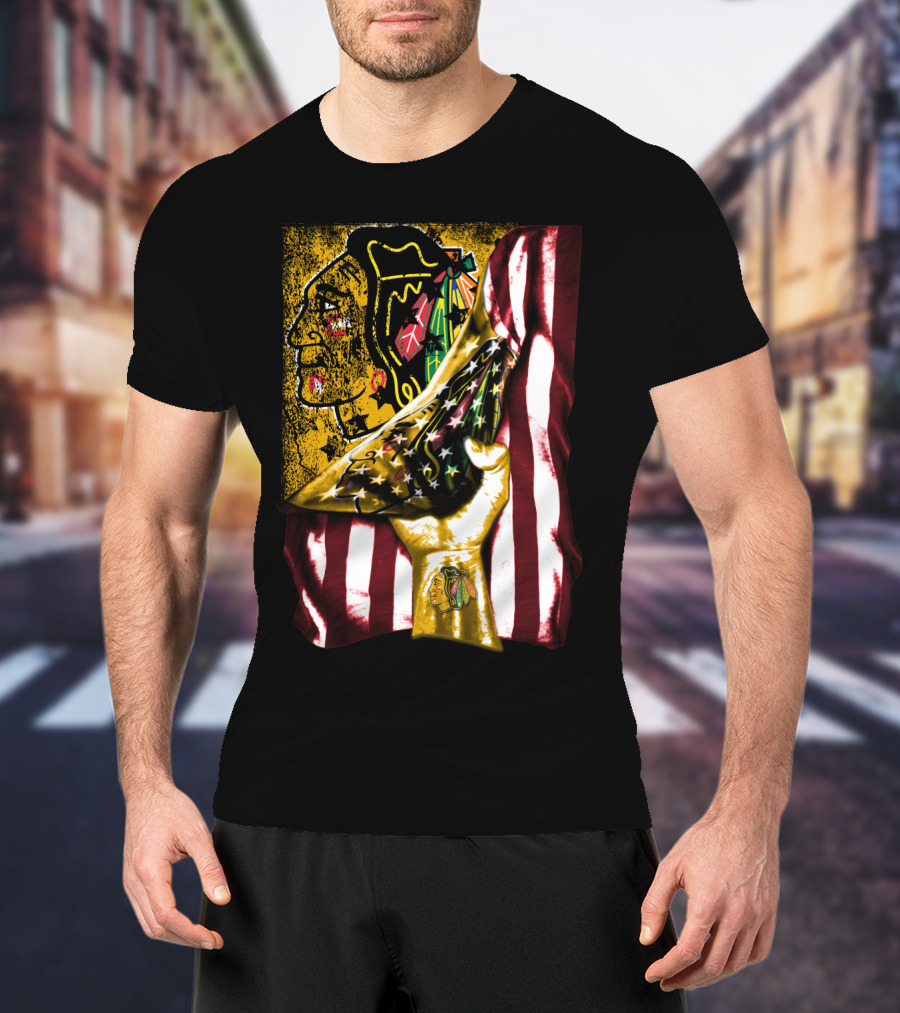 Chicago Blackhawks American Flag Hand Pulling Stars And Stripes With Team T-Shirt