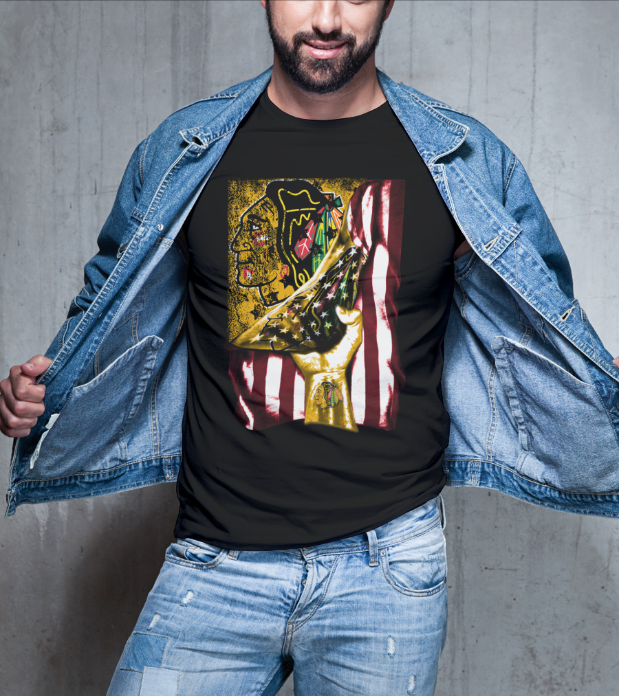 Chicago Blackhawks American Flag Hand Pulling Stars And Stripes With Team T-Shirt