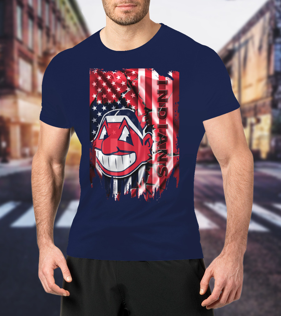 Cleveland Indians Chief Wahoo American Flag Patriotic Baseball T-Shirt