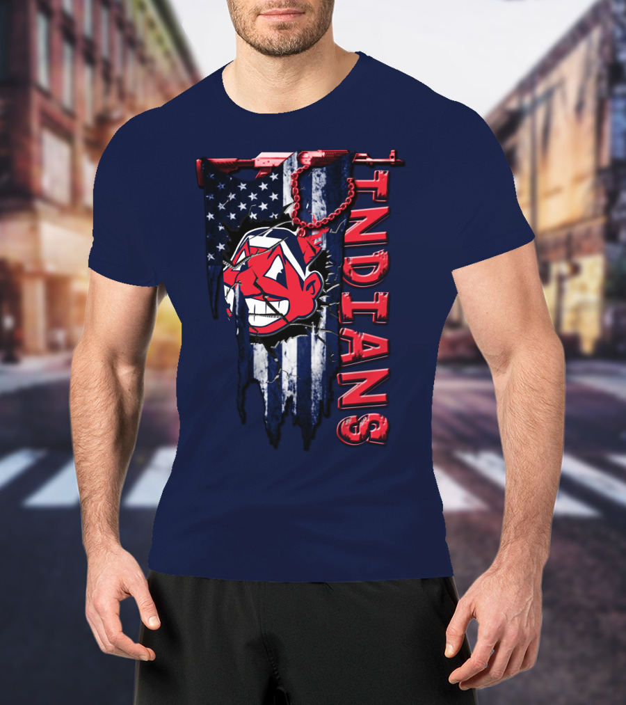 Cleveland Indians Vintage Chief Wahoo With American Flag And Red Chain T-Shirt