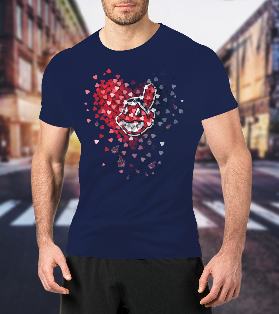 Cleveland Indians Heart Logo With Feathered Chief Wahoo In Blue And Red T-Shirt