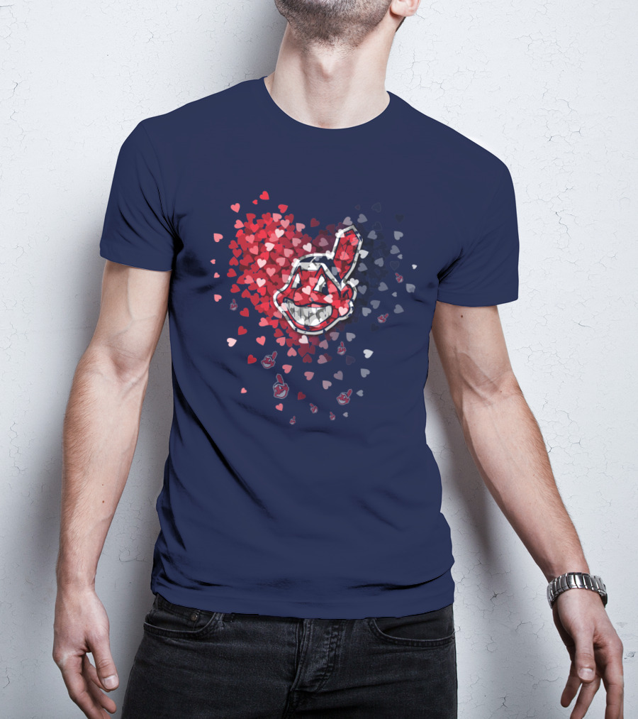 Cleveland Indians Heart Logo With Feathered Chief Wahoo In Blue And Red T-Shirt