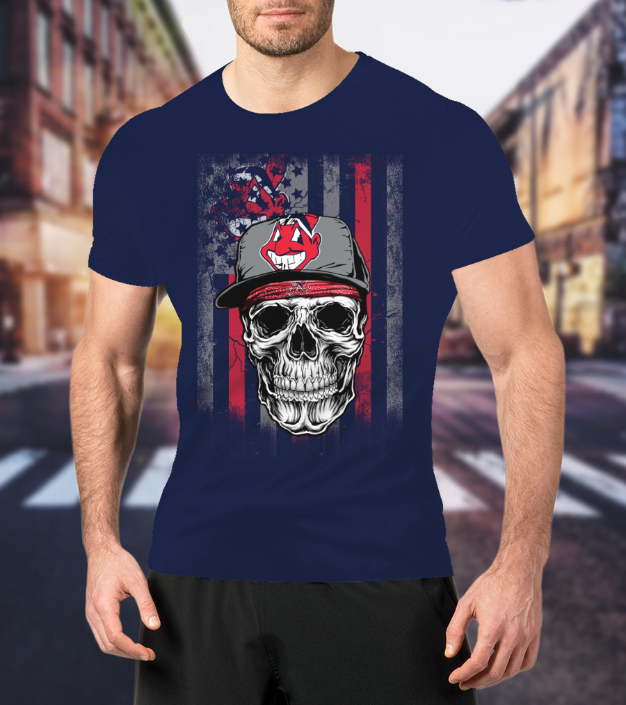 Cleveland Indians Skull Wearing Chief Wahoo Cap With American Flag T-Shirt