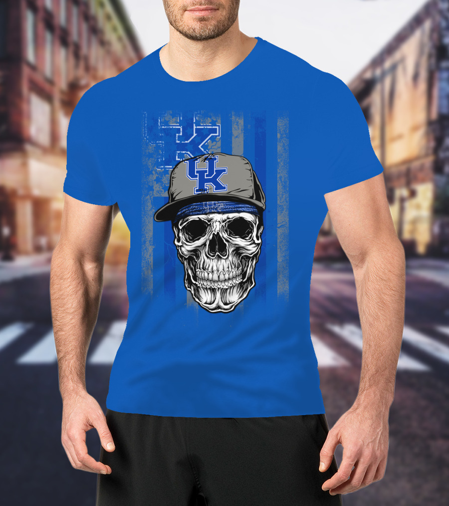 Kentucky Wildcats Skull With Uk Logo Hat On Grunge Blue T-Shirt