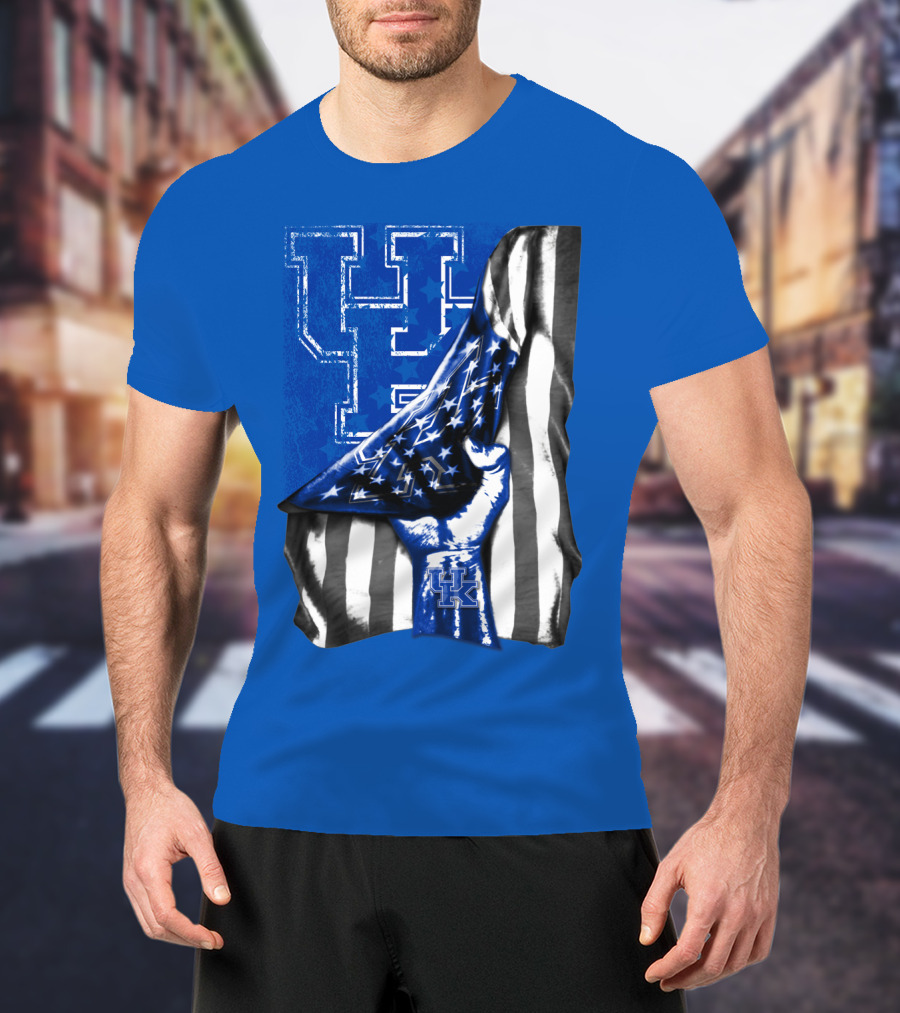 Kentucky Wildcats U.s. Flag Blue And White Logo Fusion T-Shirt