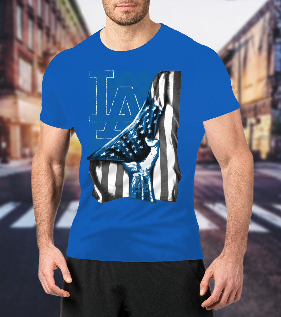 Los Angeles Dodgers La Logo American Flag Fist T-Shirt