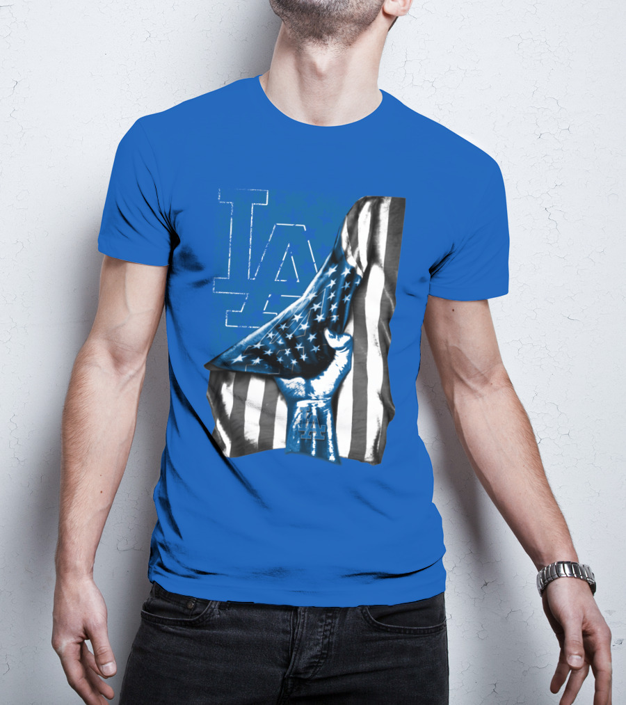 Los Angeles Dodgers La Logo American Flag Fist T-Shirt