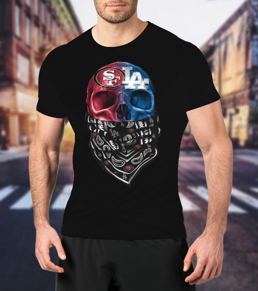 Sf 49ers La Dodgers Split Skull Bandana T-Shirt