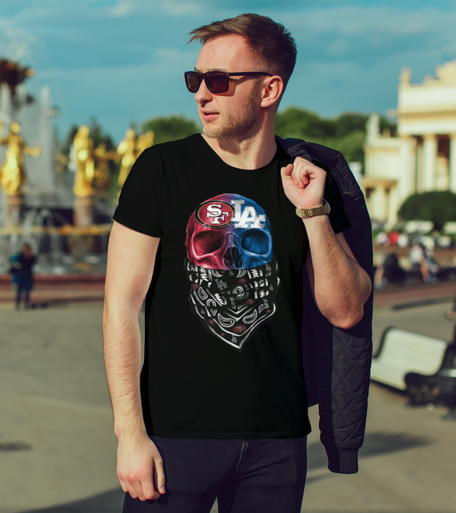 Sf 49ers La Dodgers Split Skull Bandana T-Shirt