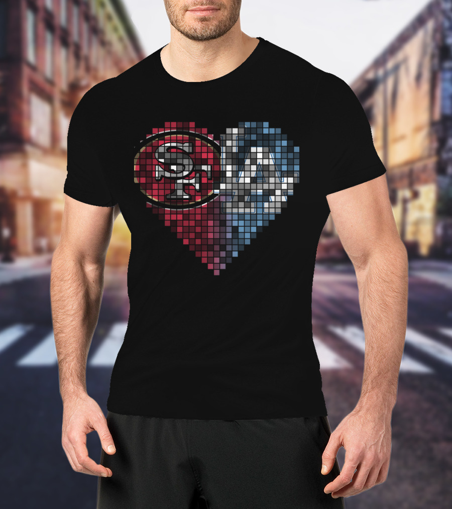 Ttr 002 San Francisco 49ers Los Angeles Dodgers Heart Pixel Mosaic T-Shirt
