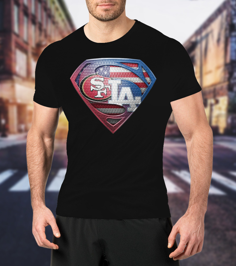 San Francisco 49ers Los Angeles Dodgers American Flag Superman T-Shirt