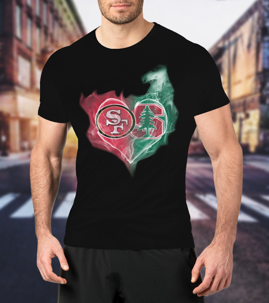 San Francisco 49ers And Stanford Cardinal Heart-Shaped Smoke Logos T-Shirt