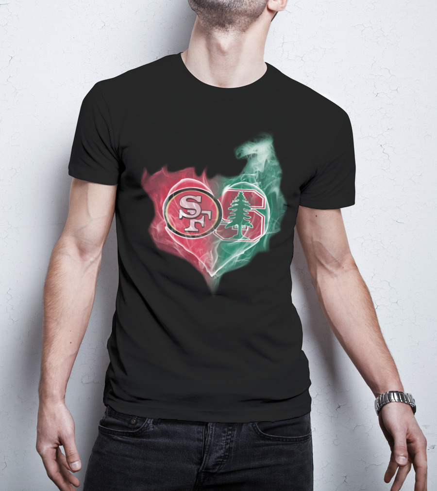 San Francisco 49ers And Stanford Cardinal Heart-Shaped Smoke Logos T-Shirt