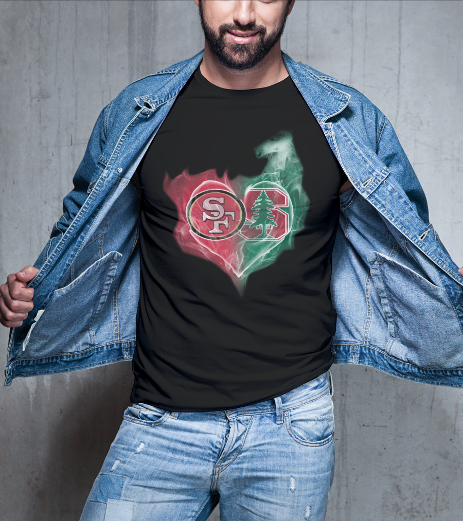 San Francisco 49ers And Stanford Cardinal Heart-Shaped Smoke Logos T-Shirt