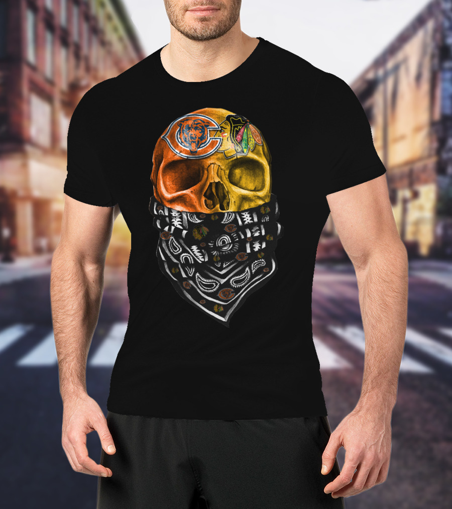Chicago Bears And Blackhawks Skull Bandana T-Shirt