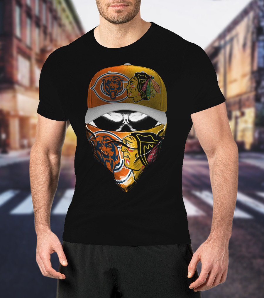 Chicago Bears Blackhawks Cap And Bandana Crossover T-Shirt