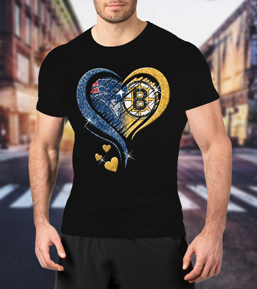 New England Patriots Boston Bruins Heart Design T-Shirt
