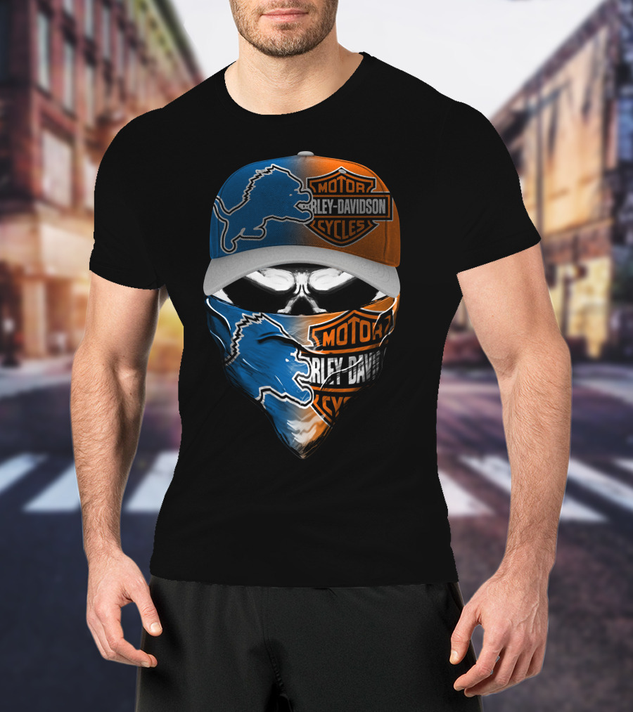 Detroit Lions Harley Davidson Motorcycles Skull Mask T-Shirt