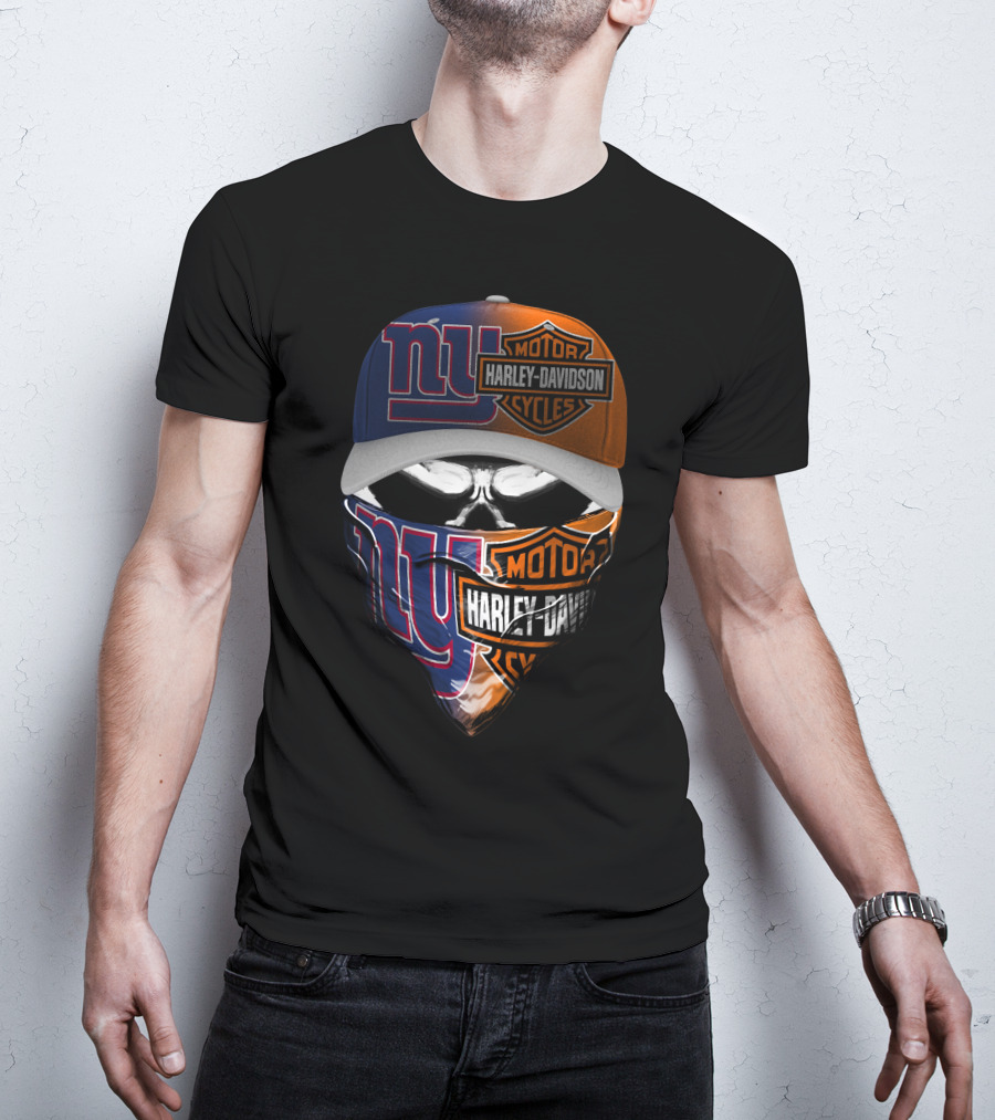 New York Giants And Harley Davidson Crossover Skull Mask Hat T-Shirt