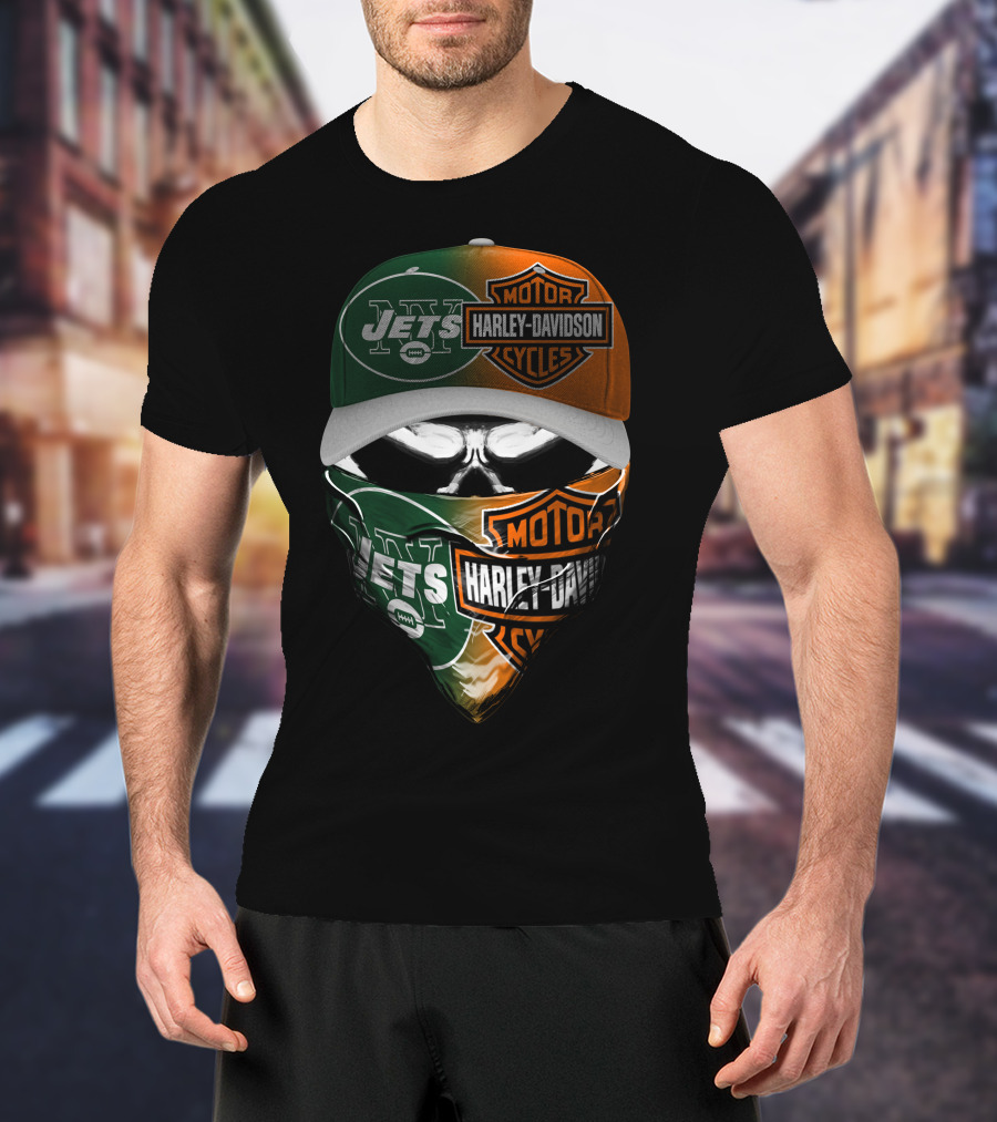 New York Jets Harley Davidson Motorcycles Mashup 24Hl Cap And Bandana T-Shirt