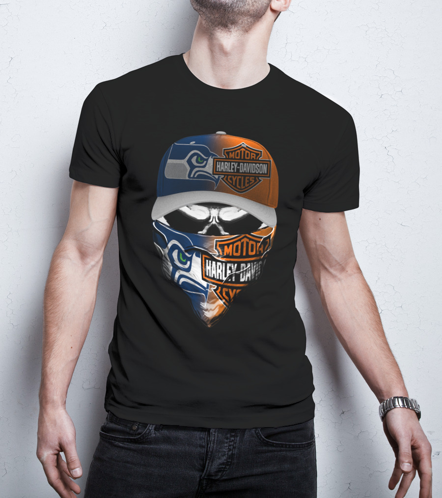 Seattle Seahawks Harley Davidson Collaboration Skull Face T-Shirt
