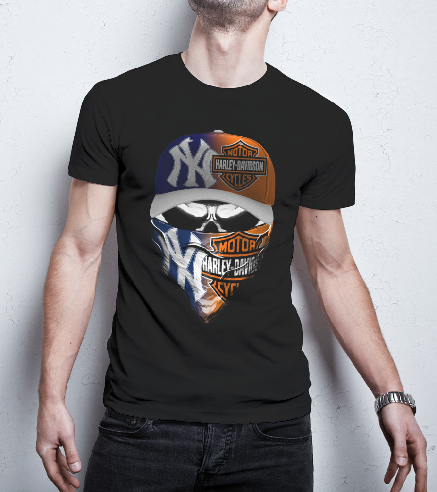 New York Yankees Harley Davidson Motorcycles Skull Mask Hat T-Shirt